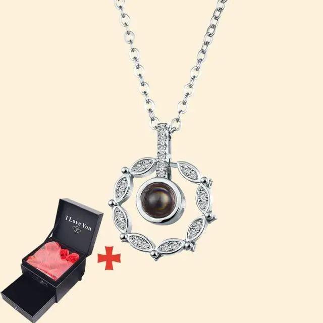 Stevvex pendant necklace with circular crystal frame and dark pearl, silver-tone chain; gift box on Tampa Home & Garden Store