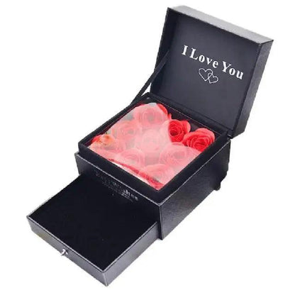 Stevvex black jewelry gift box with lid open, pink rose arrangement and I Love You inner lid on Tampa Home & Garden Store
