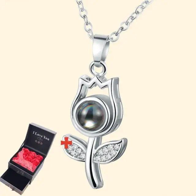 Stevvex flower pendant necklace with pearl center and crystal leaves pink rose gift box on Tampa Home & Garden Store
