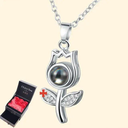 Stevvex flower pendant necklace with pearl center and crystal leaves pink rose gift box on Tampa Home & Garden Store