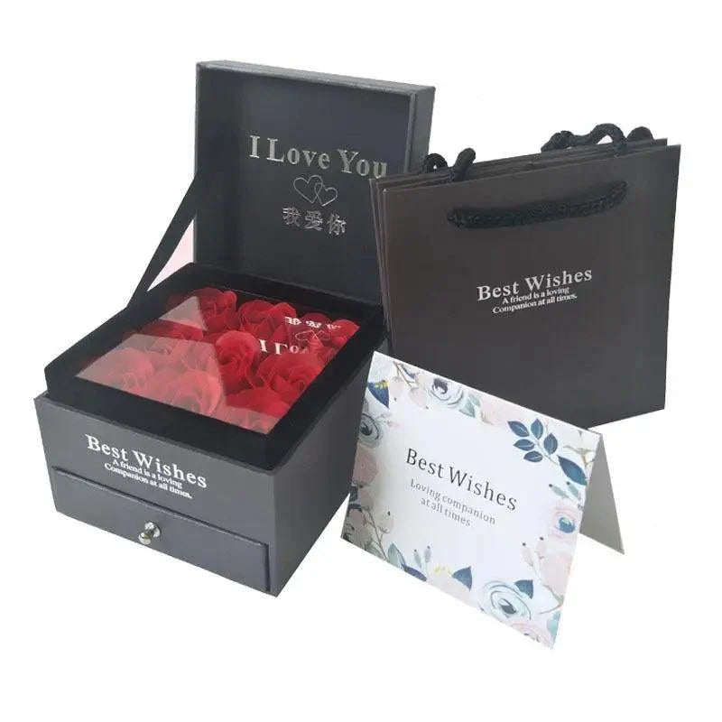 Stevvex Best Wishes rose gift box set with lid, includes greeting card and black gift bag on Tampa Home & Garden Store