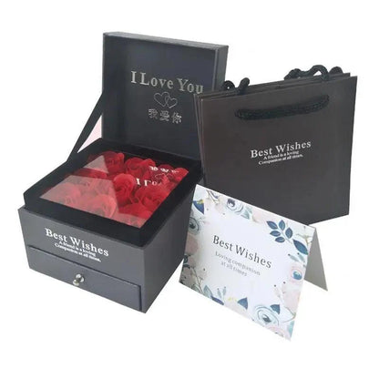 Stevvex Best Wishes rose gift box set with lid, includes greeting card and black gift bag on Tampa Home & Garden Store