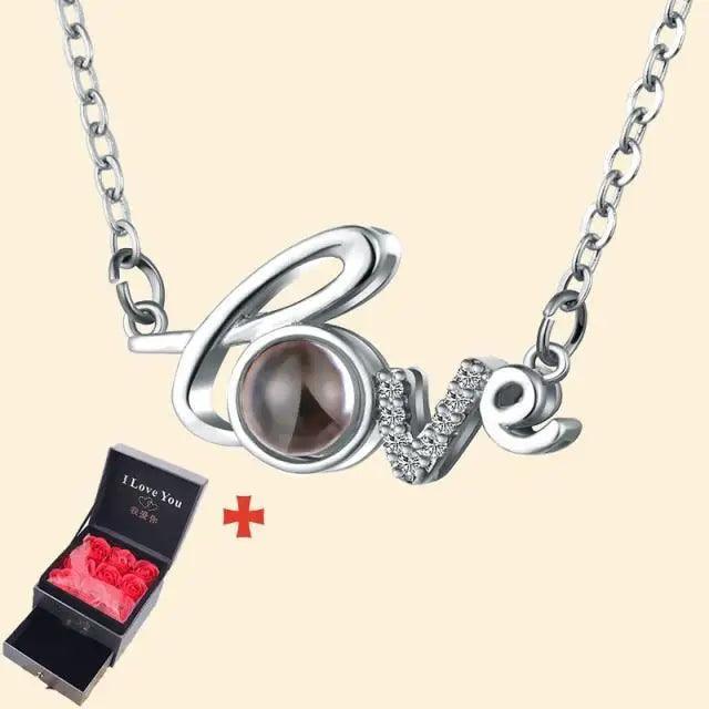 Stevvex silver Love pendant necklace with round gemstone O and crystal V/E; rose gift box on Tampa Home & Garden Store