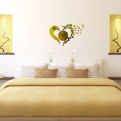 Stevvex 3D frameless acrylic wall clock with gold heart art design above bed on Tampa Home & Garden Store
