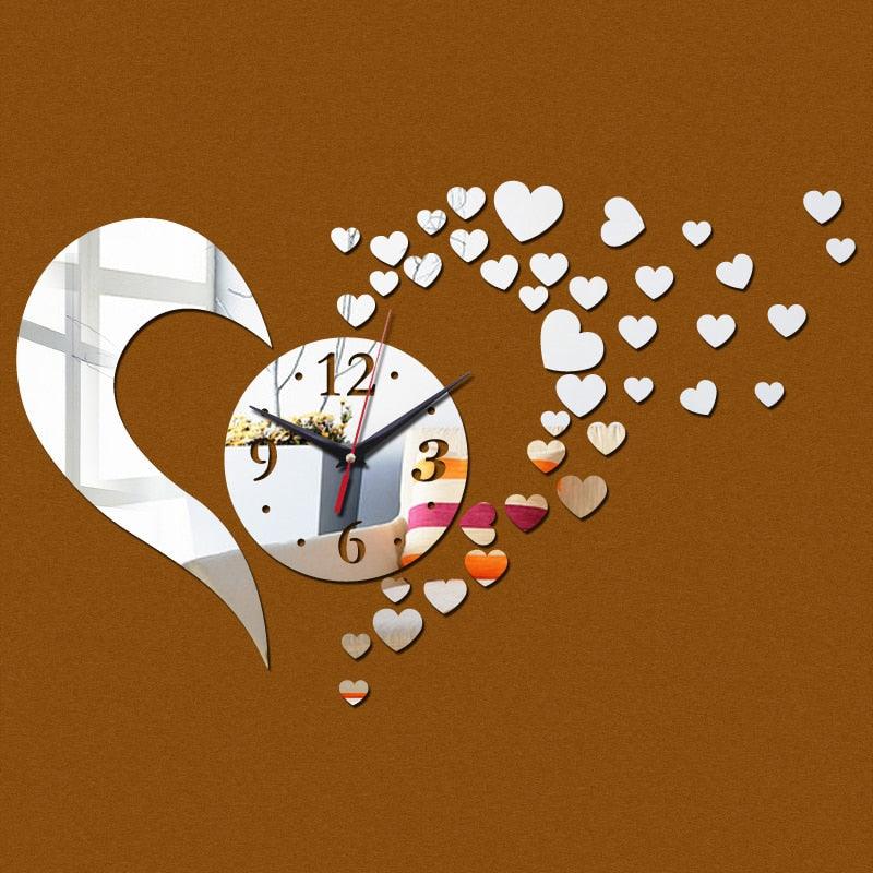 Stevvex 3D frameless acrylic mirror wall clock with heart decor, white face and black hands on Tampa Home & Garden Store