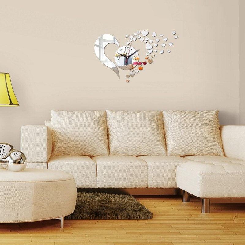 Wall clock Stevvex 3D frameless acrylic mirror heart with silver cluster for living room on Tampa Home & Garden Store
