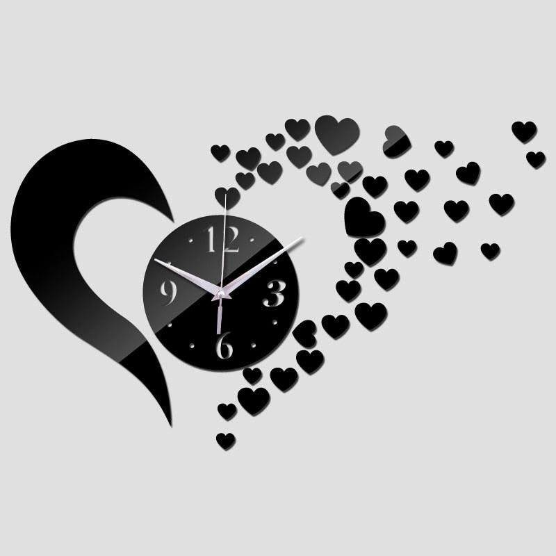 Stevvex wall clock black acrylic face with 3D heart trail and curved left motif on Tampa Home & Garden Store