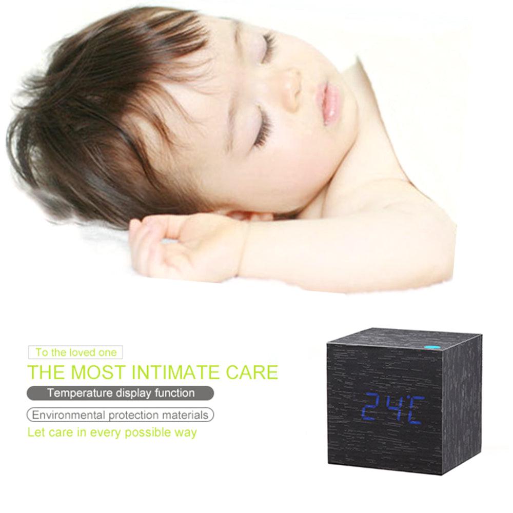 Stevvex STCC567WER wooden LED alarm clock cube with blue temperature display, desktop clock on Tampa Home & Garden Store