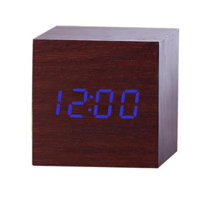 Stevvex wooden cube alarm clock with blue LED digital display on Tampa Home & Garden Store