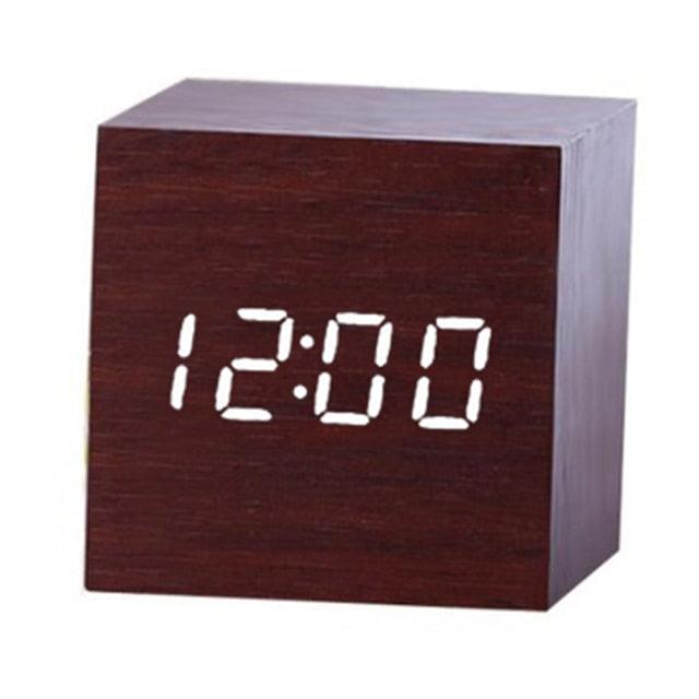 Stevvex wooden LED alarm clock with digital time display cube design on Tampa Home & Garden Store