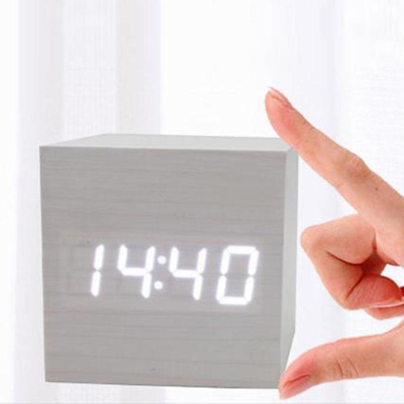 Wooden cube alarm clock with white LED digital time display Stevvex STCC567WER on Tampa Home & Garden Store