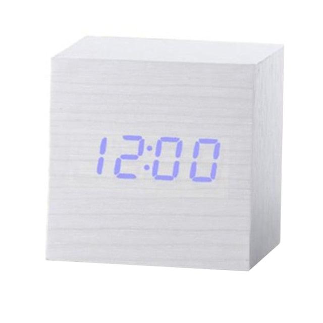Wooden cube alarm clock with blue LED digital time display 12:00 desktop table clock on Tampa Home & Garden Store