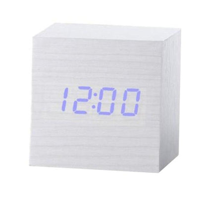 Wooden cube alarm clock with blue LED digital time display 12:00 desktop table clock on Tampa Home & Garden Store