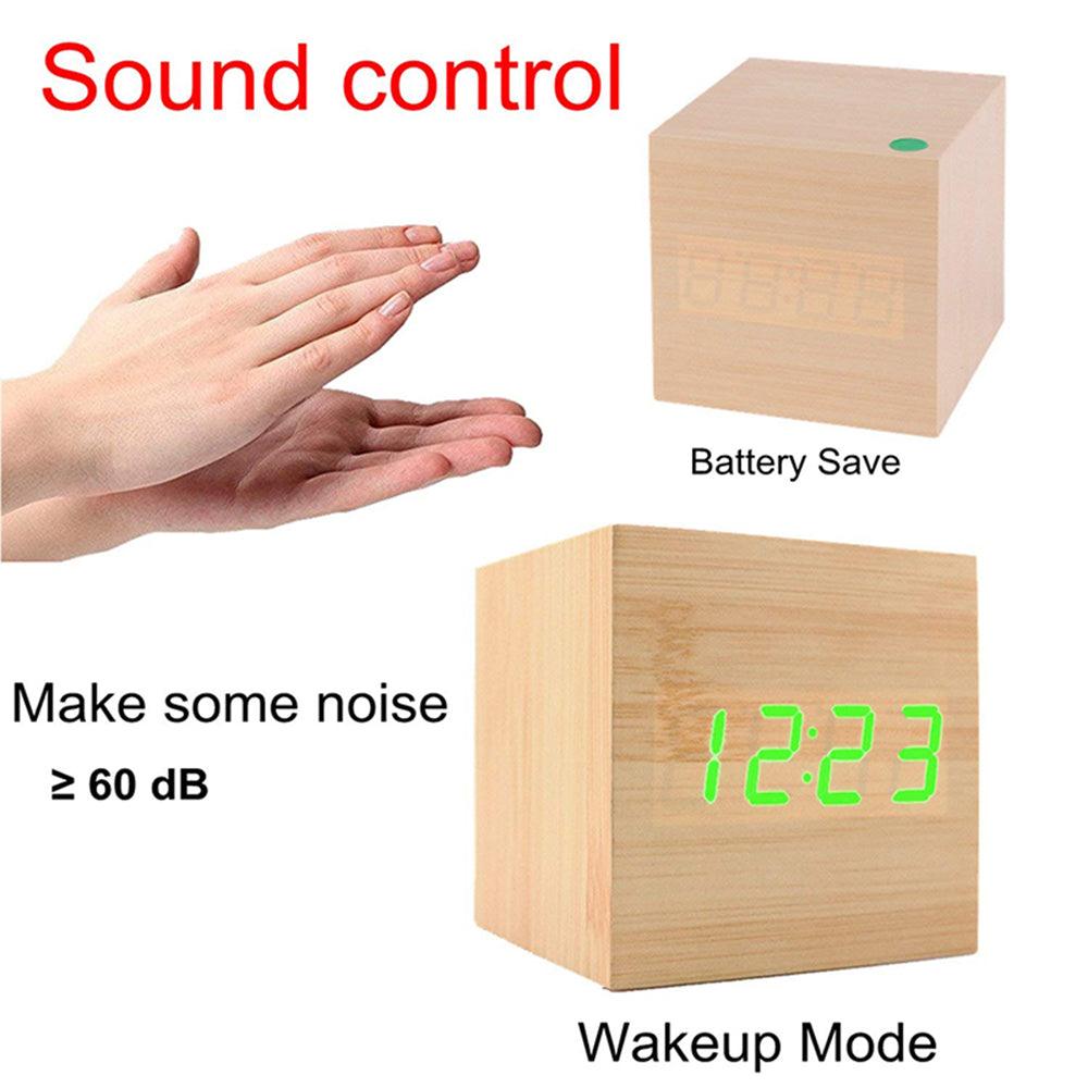 Wooden alarm clock with green LED time display, wake-up mode and sound control on Tampa Home & Garden Store