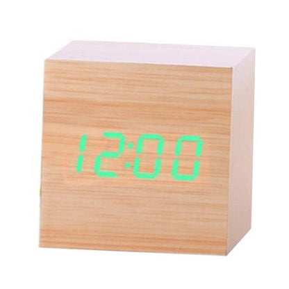 Stevvex wooden LED alarm clock with green digital display cube desk clock on Tampa Home & Garden Store
