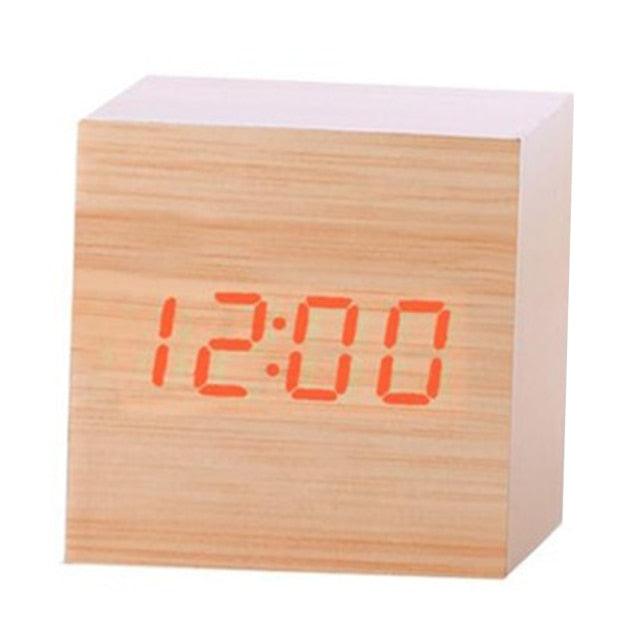 Wooden cube LED alarm clock with red digital display for desktop use on Tampa Home & Garden Store
