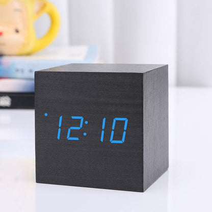 Stevvex STCC567WER wooden cube LED alarm clock with blue digital display 12:10 on Tampa Home & Garden Store