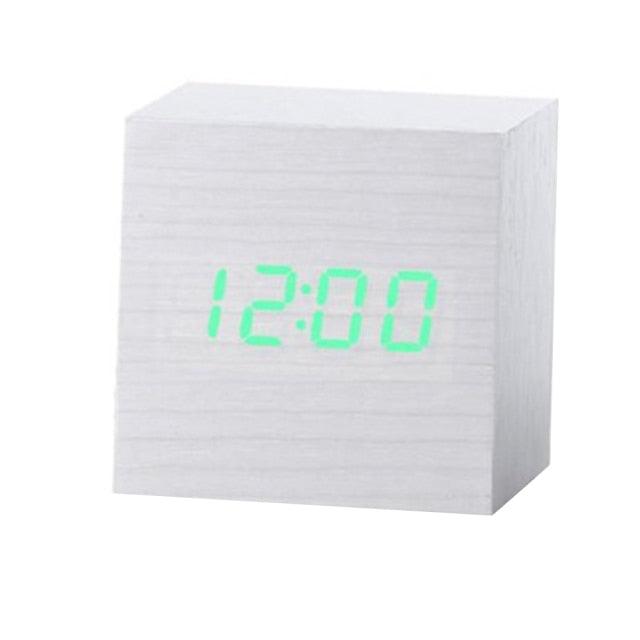 Stevvex wooden LED alarm clock with cube design and green digital display on Tampa Home & Garden Store