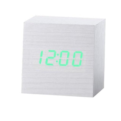 Stevvex wooden LED alarm clock with cube design and green digital display on Tampa Home & Garden Store