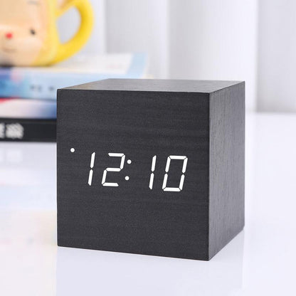 Stevvex wooden cube LED alarm clock with digital time display 12:10 on Tampa Home & Garden Store