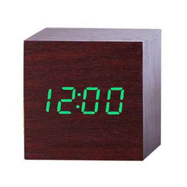 Stevvex wooden cube LED alarm clock with green digital time display desktop table clock on Tampa Home & Garden Store