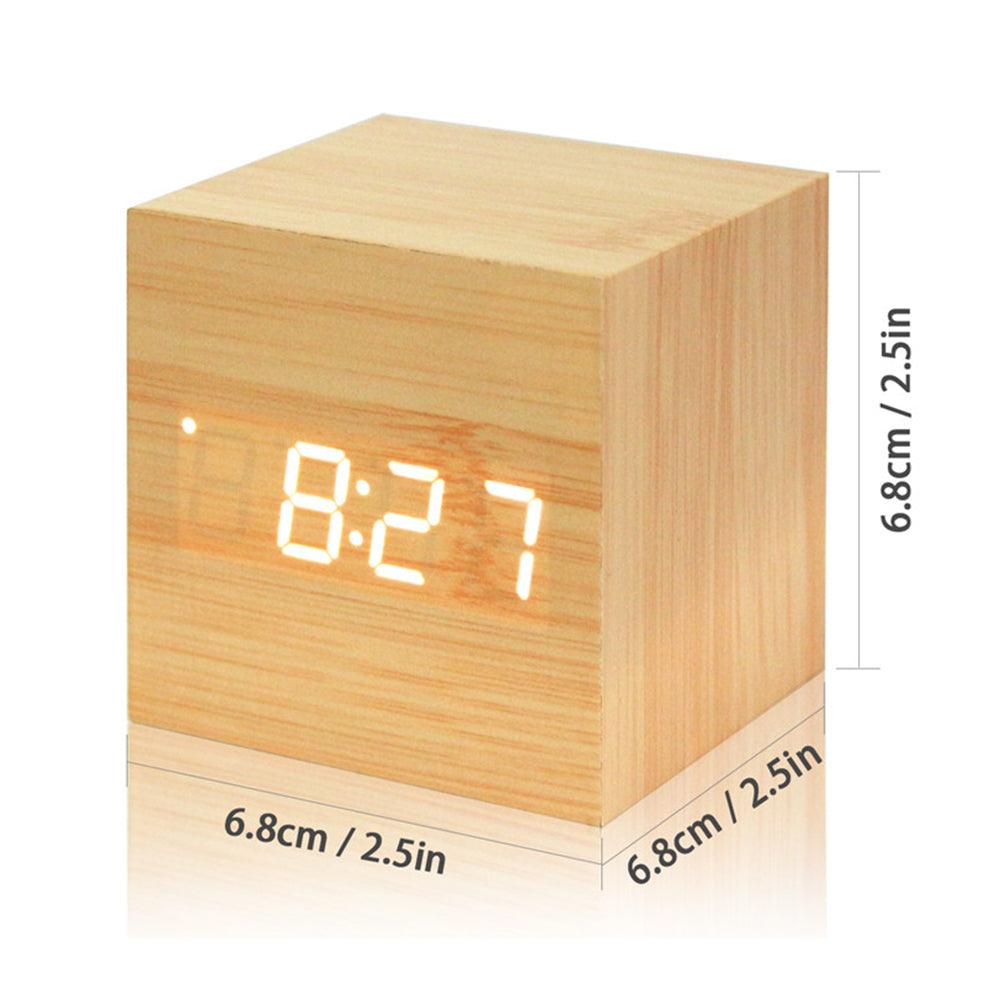 Stevvex wooden cube LED alarm clock with orange digital display on Tampa Home & Garden Store