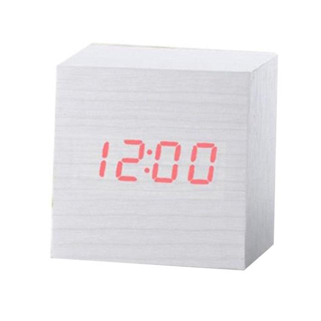 Wooden cube desktop alarm clock with red LED digital time display on Tampa Home & Garden Store