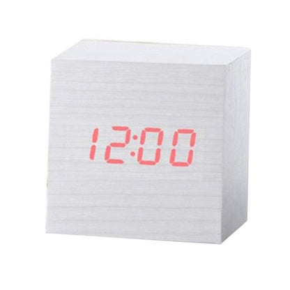 Wooden cube desktop alarm clock with red LED digital time display on Tampa Home & Garden Store