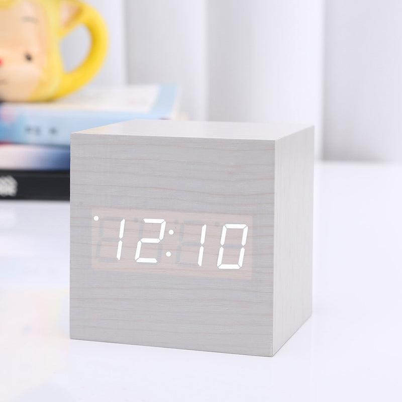 Wooden cube LED alarm clock with digital time display and light wood grain finish, Stevvex desk clock on Tampa Home & Garden Store