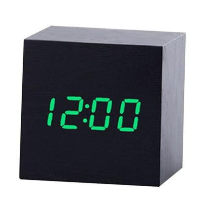 Stevvex wooden cube LED alarm clock with green digital time display 12:00 on Tampa Home & Garden Store