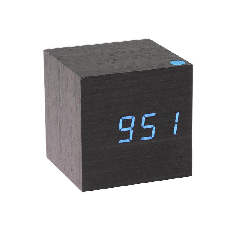 Wooden cube LED alarm clock with blue digital display, dark wood finish desktop clock on Tampa Home & Garden Store