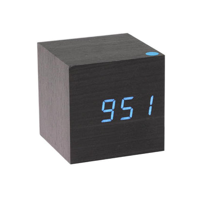 Wooden cube LED alarm clock with blue digital display, dark wood finish desktop clock on Tampa Home & Garden Store