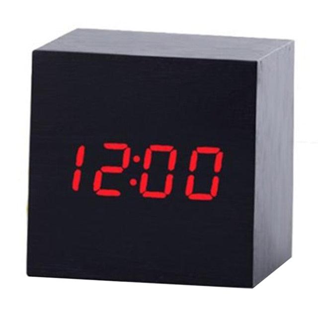Wooden cube LED alarm clock with red digital time display on Tampa Home & Garden Store