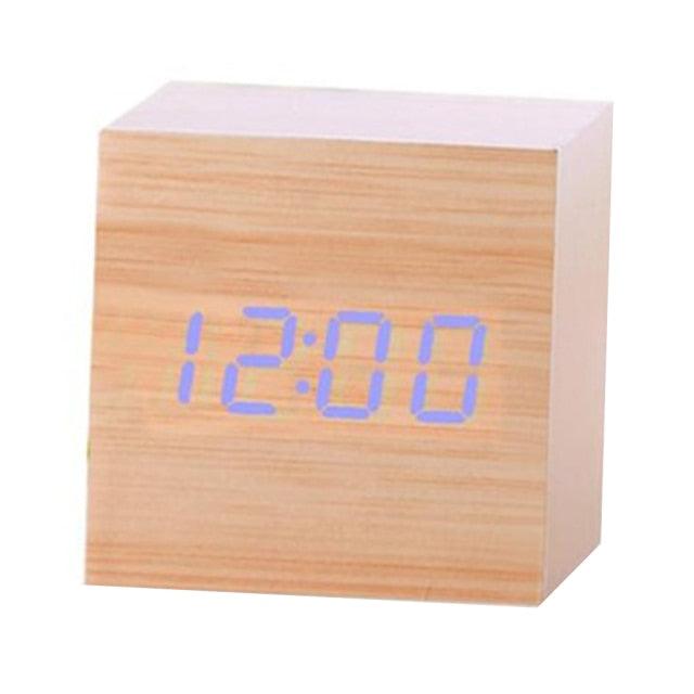 Wooden cube alarm clock with blue LED digital time display for desktop use on Tampa Home & Garden Store