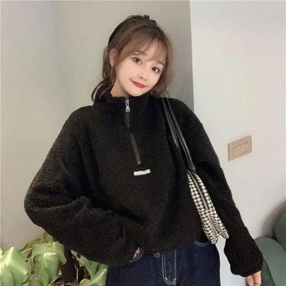 Stevvex black imitation lamb thick fleece hoodie with zip, oversized women's sweatshirt on Tampa Home & Garden Store