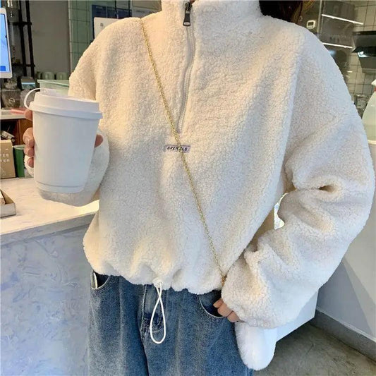 Stevvex unisex white sherpa fleece hoodie with drawstring hem relaxed fit on Tampa Home & Garden Store