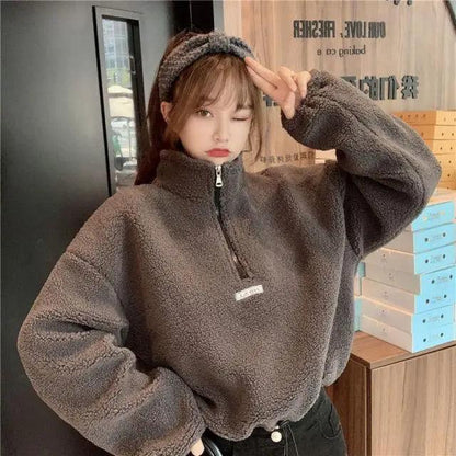 Stevvex teddy fleece hoodie for women in taupe gray, oversized zip-neck pullover on Tampa Home & Garden Store