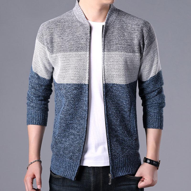 Men's color-block zip cardigan in gray-blue gradient with stand collar and ribbed cuffs on Tampa Home & Garden Store