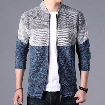 Men's color-block zip cardigan in gray-blue gradient with stand collar and ribbed cuffs on Tampa Home & Garden Store