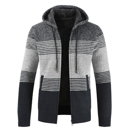 Stevvex men's striped hooded cardigan jacket in navy gray knit, zip front, pockets on Tampa Home & Garden Store