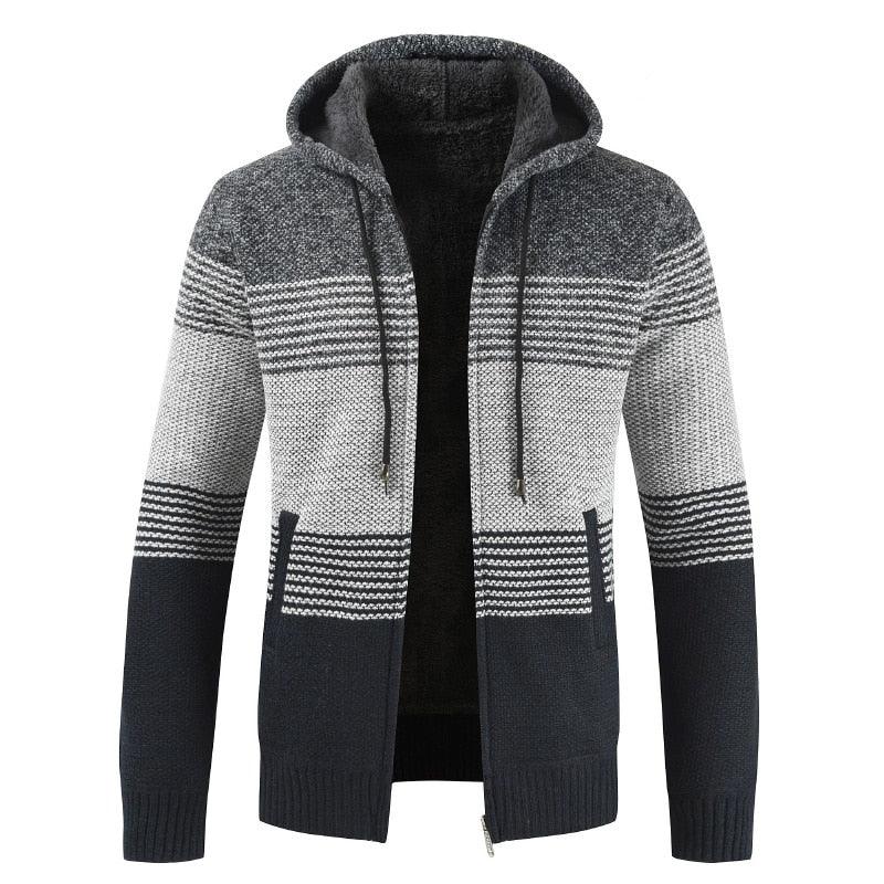 Stevvex men's knit fleece cardigan hoodie in grey charcoal gradient with striped bands, zip front on Tampa Home & Garden Store