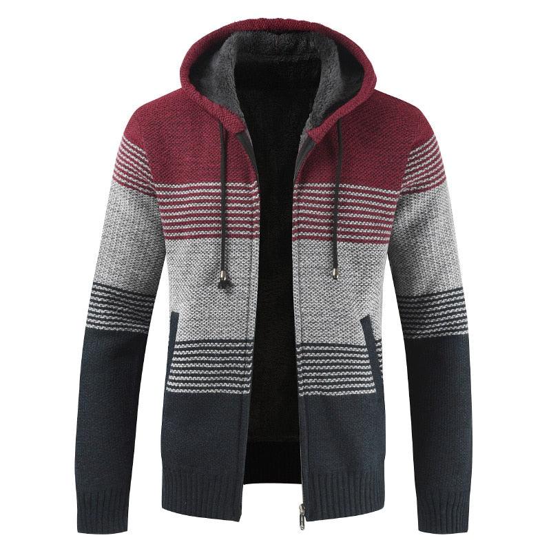 Stevvex men's color-block cardigan with hood, zip front, fleece knit burgundy gray navy on Tampa Home & Garden Store