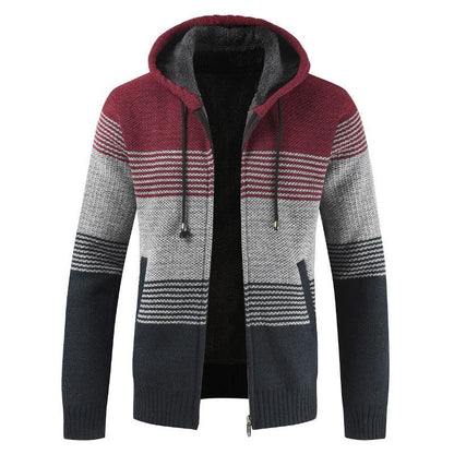 Stevvex men's color-block cardigan with hood, zip front, fleece knit burgundy gray navy on Tampa Home & Garden Store