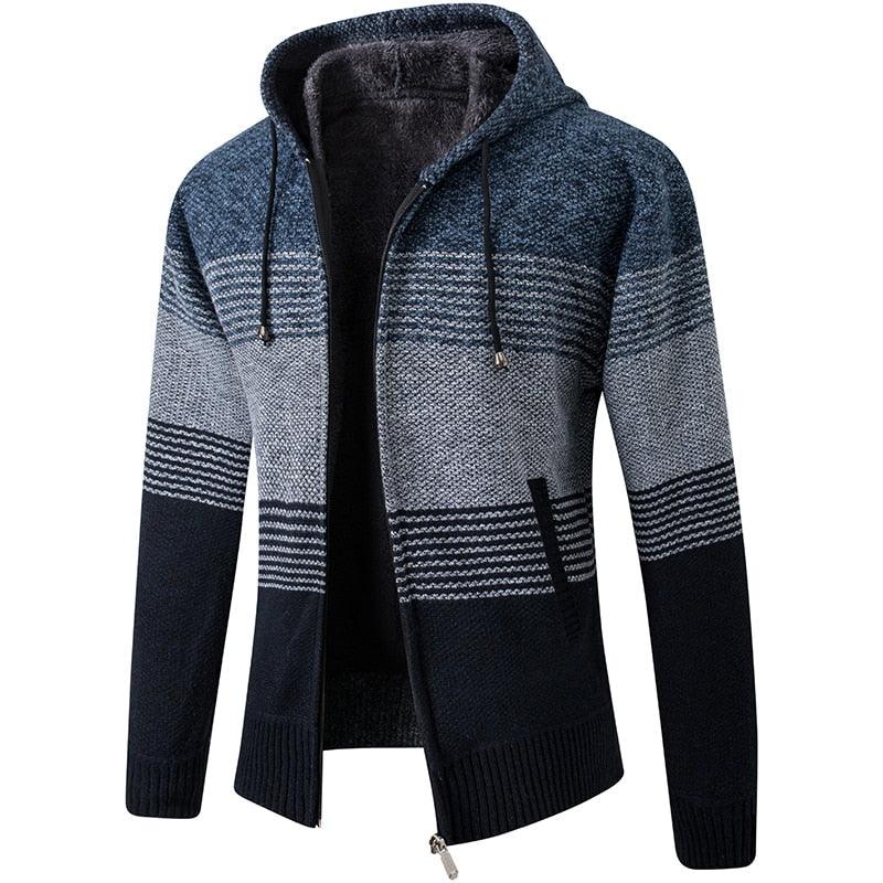 Stevvex men's striped knit fleece cardigan hoodie navy gradient, full-zip front, ribbed cuffs on Tampa Home & Garden Store