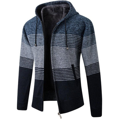 Stevvex men's striped knit fleece cardigan hoodie navy gradient, full-zip front, ribbed cuffs on Tampa Home & Garden Store