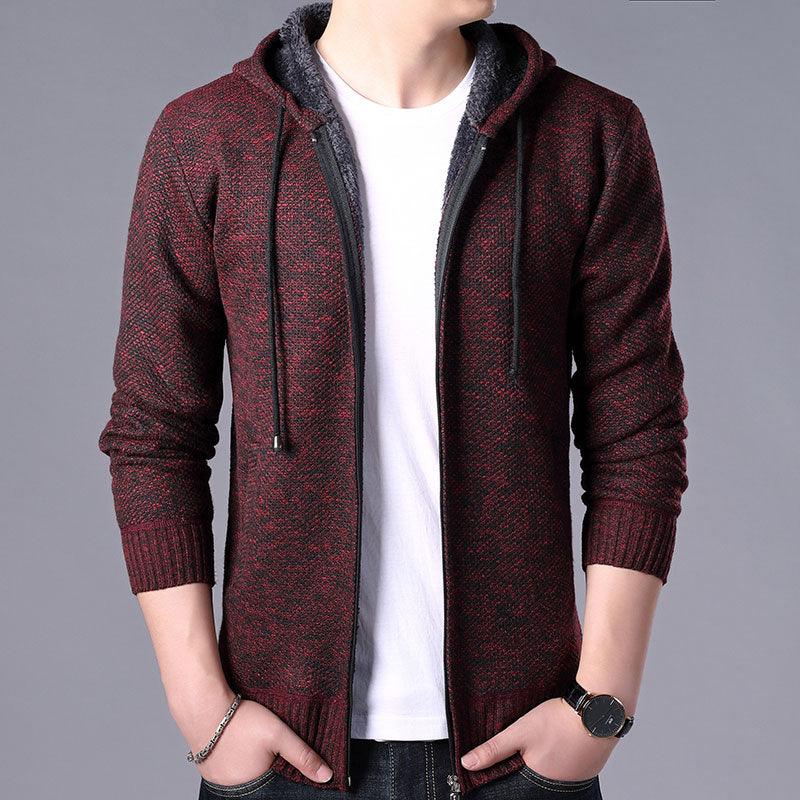 Men's burgundy zip-up hooded cardigan knit jacket Stevvex on Tampa Home & Garden Store