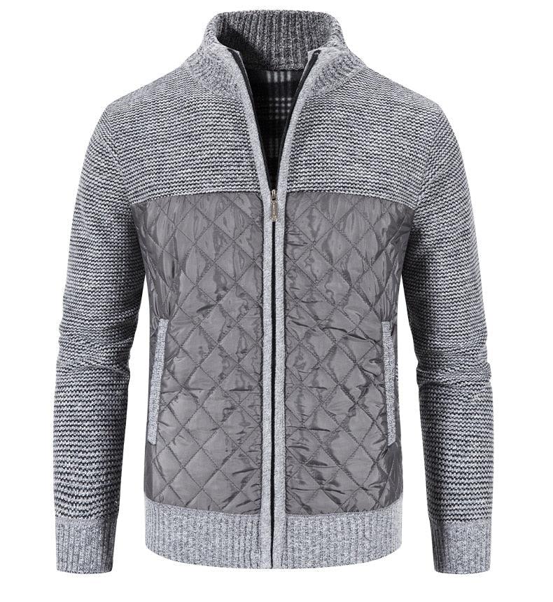 Stevvex men's quilted cardigan-style jacket with grey knit sleeves and zip front on Tampa Home & Garden Store