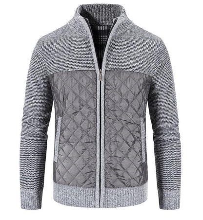 Stevvex men's quilted cardigan-style jacket with grey knit sleeves and zip front on Tampa Home & Garden Store
