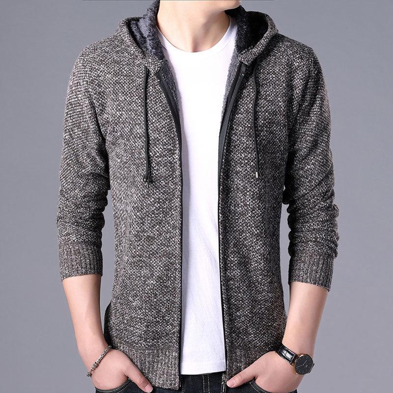 Stevvex men's grey knit hooded cardigan jacket with zip front, slim fit on Tampa Home & Garden Store