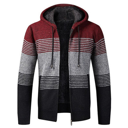 Stevvex men's hooded cardigan jacket color-block red gray black knit fleece lining front zip on Tampa Home & Garden Store